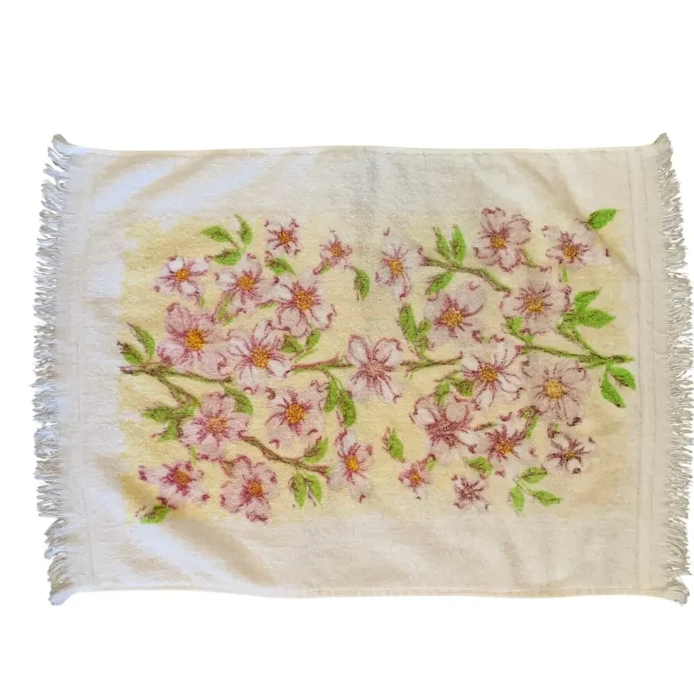 Vtg 70s Floral Bath Hand Dish Towel Purple Green Yellow Fringe Cotton 1970s